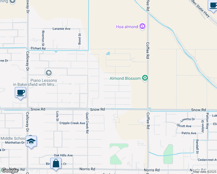 map of restaurants, bars, coffee shops, grocery stores, and more near 8708 Kenwick Street in Bakersfield