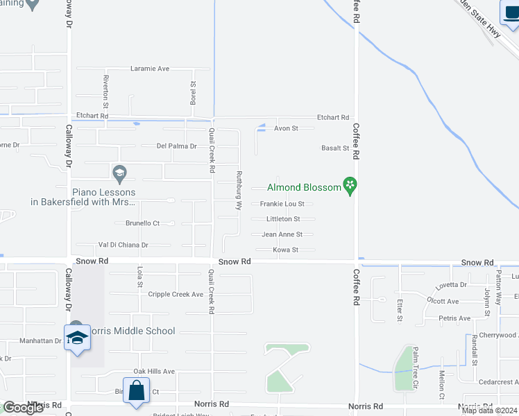 map of restaurants, bars, coffee shops, grocery stores, and more near 8708 Kenwick Street in Bakersfield