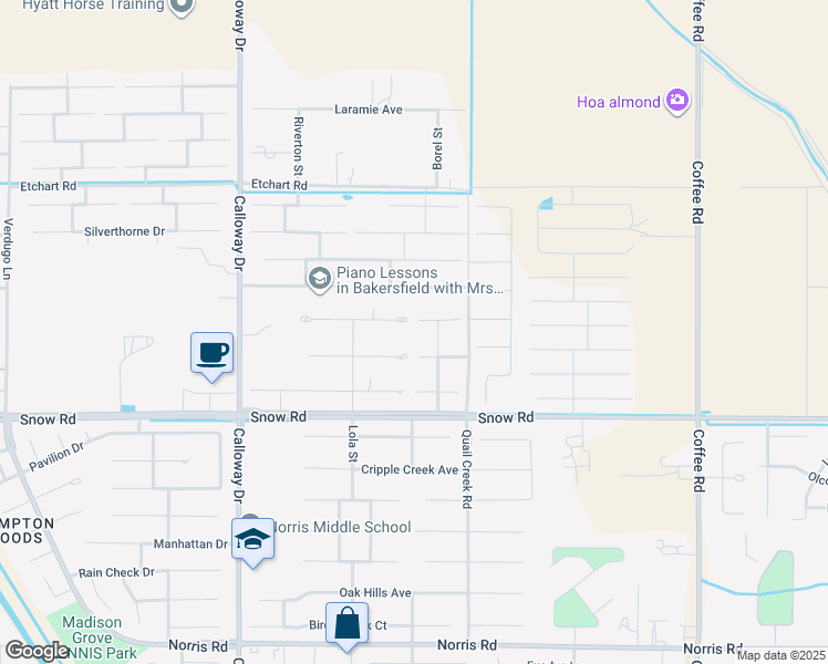map of restaurants, bars, coffee shops, grocery stores, and more near 9033 Quail Hollow Court in Bakersfield