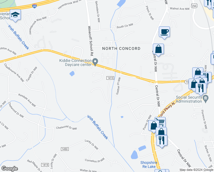 map of restaurants, bars, coffee shops, grocery stores, and more near 1051 Pine Circle Drive Northwest in Concord