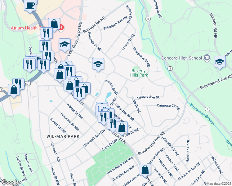 map of restaurants, bars, coffee shops, grocery stores, and more near 692 Warren Street Northeast in Concord