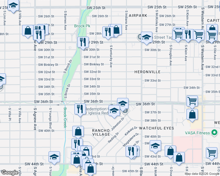 map of restaurants, bars, coffee shops, grocery stores, and more near 1500 Southwest 34th Street in Oklahoma City