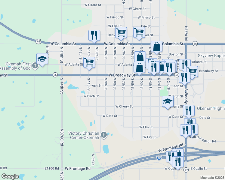 map of restaurants, bars, coffee shops, grocery stores, and more near 204 South 9th Street in Okemah