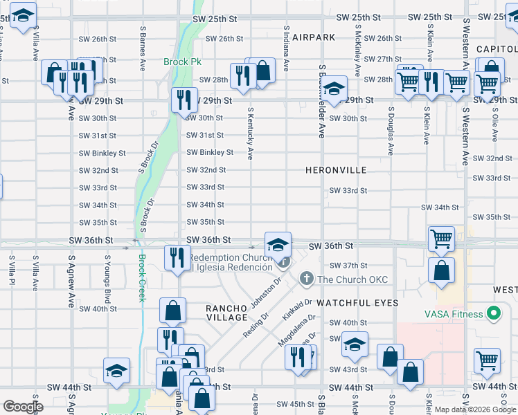map of restaurants, bars, coffee shops, grocery stores, and more near 1500 Southwest 34th Street in Oklahoma City