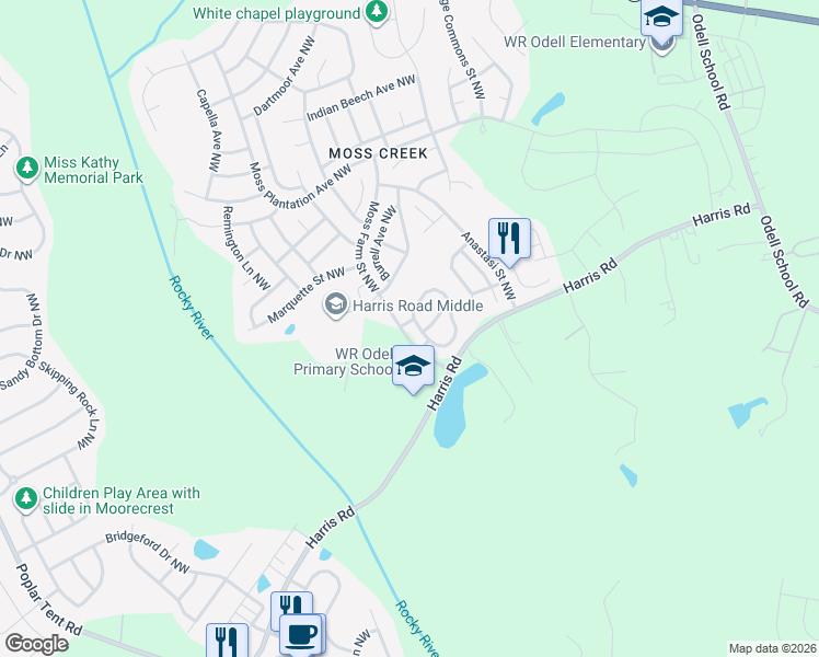 map of restaurants, bars, coffee shops, grocery stores, and more near 1250 Moss Farm Street Northwest in Concord