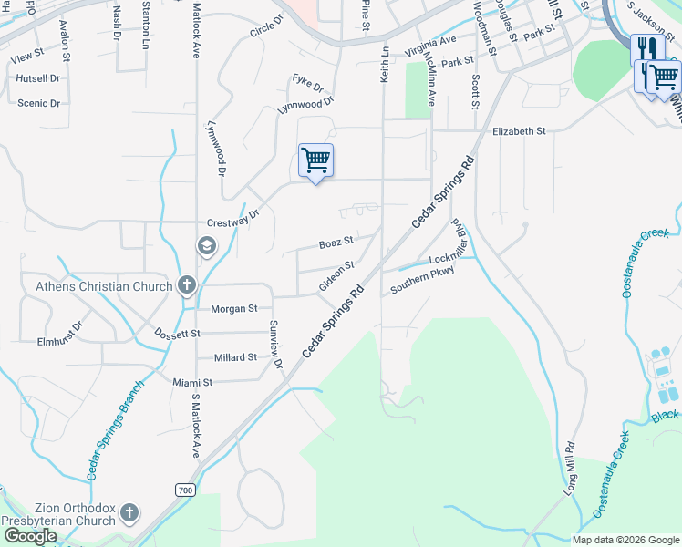 map of restaurants, bars, coffee shops, grocery stores, and more near 425 Gideon Street in Athens