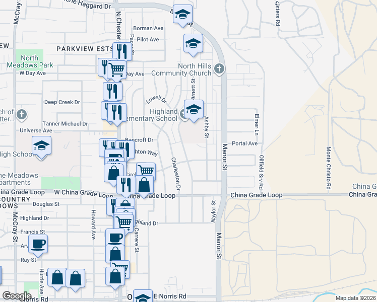 map of restaurants, bars, coffee shops, grocery stores, and more near 2521 Barnett Street in Bakersfield