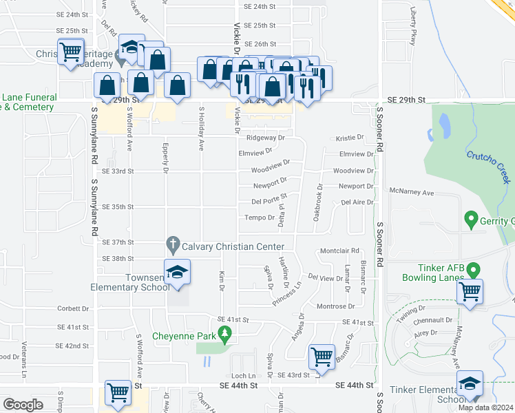 map of restaurants, bars, coffee shops, grocery stores, and more near 4720 Del Porte Street in Del City