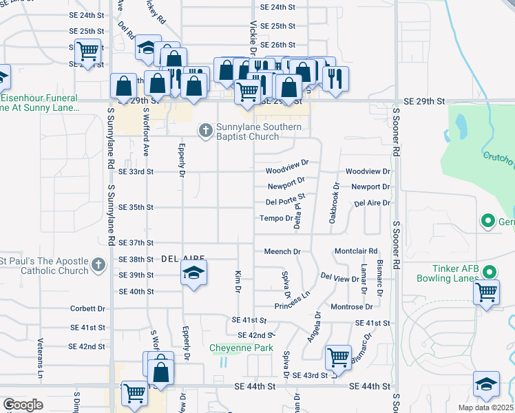 map of restaurants, bars, coffee shops, grocery stores, and more near 3600 Vickie Drive in Del City
