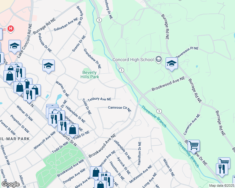 map of restaurants, bars, coffee shops, grocery stores, and more near 582 Castlewood Street Northeast in Concord