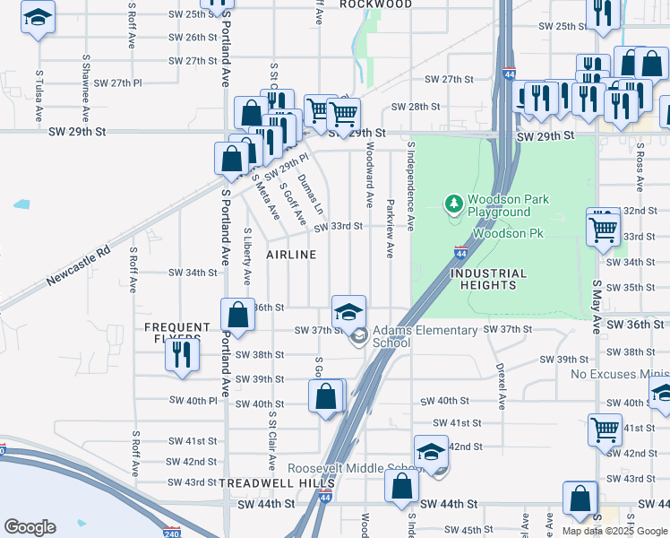 map of restaurants, bars, coffee shops, grocery stores, and more near 3516 South Dumas Avenue in Oklahoma City