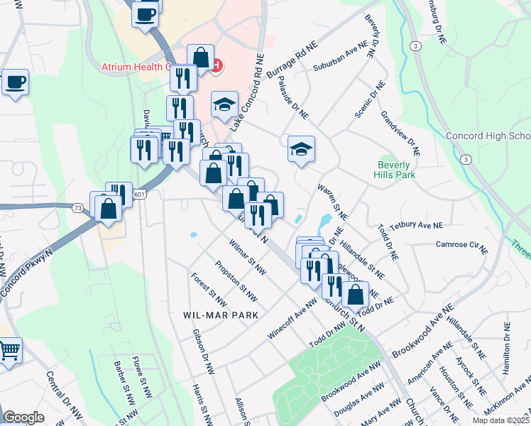 map of restaurants, bars, coffee shops, grocery stores, and more near Arbor Street Northeast in Concord