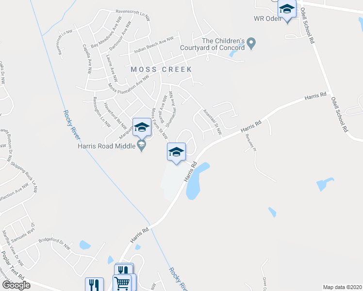 map of restaurants, bars, coffee shops, grocery stores, and more near 1279 Amber Ridge Road Northwest in Concord