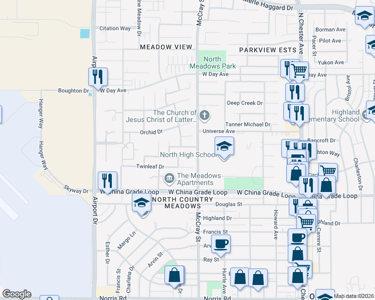map of restaurants, bars, coffee shops, grocery stores, and more near 513 Sarabande Avenue in Bakersfield