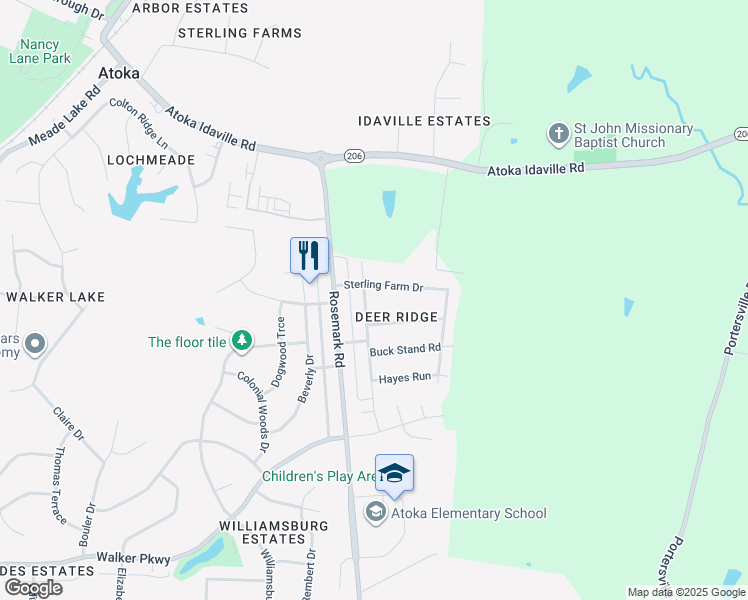 map of restaurants, bars, coffee shops, grocery stores, and more near 34 Cotton Fall Dr in Atoka