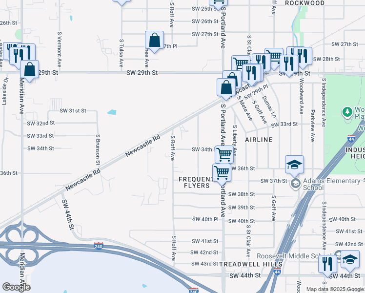 map of restaurants, bars, coffee shops, grocery stores, and more near 3829 Southwest 34th Street in Oklahoma City