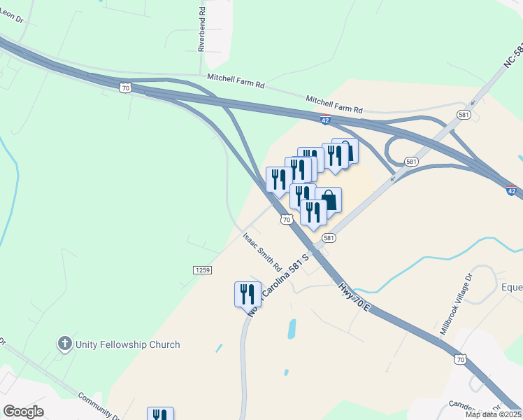 map of restaurants, bars, coffee shops, grocery stores, and more near 118 Westbrook Avenue in Goldsboro