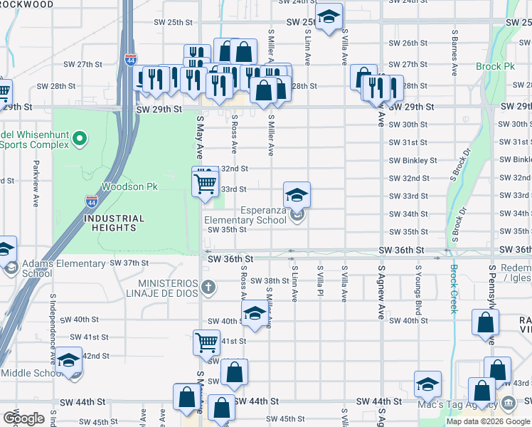 map of restaurants, bars, coffee shops, grocery stores, and more near 2704 Southwest 34th Street in Oklahoma City
