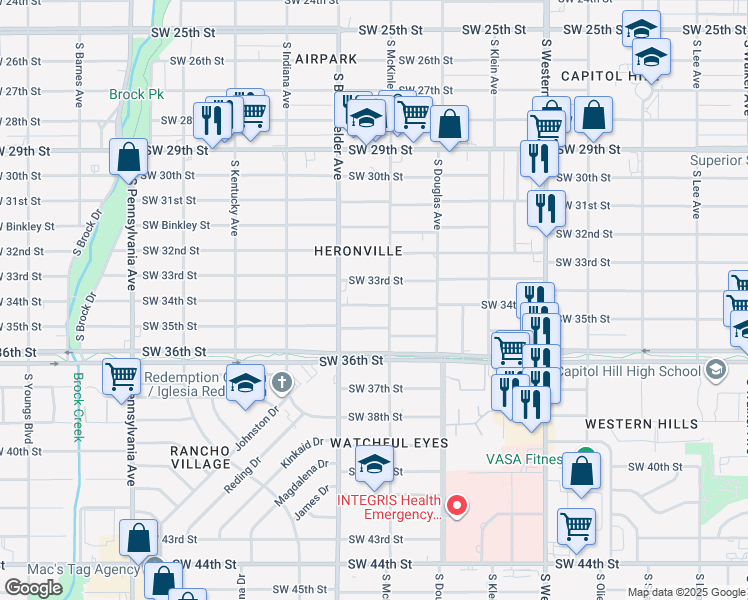map of restaurants, bars, coffee shops, grocery stores, and more near 1213 Southwest 34th Street in Oklahoma City