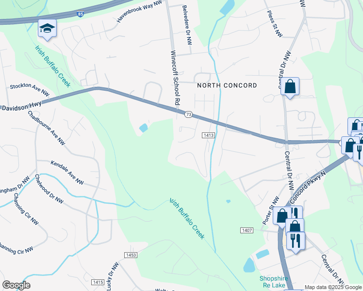 map of restaurants, bars, coffee shops, grocery stores, and more near 1043 Stirrup Place Northwest in Concord