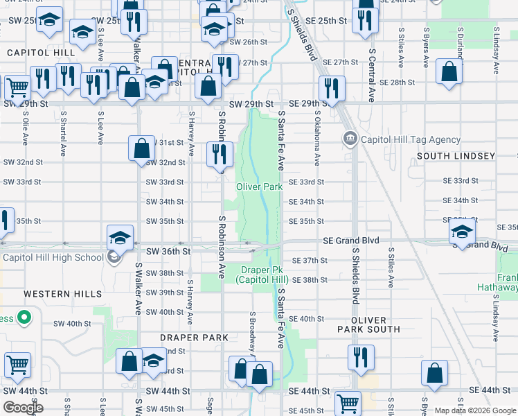 map of restaurants, bars, coffee shops, grocery stores, and more near 3505 South Broadway Avenue in Oklahoma City