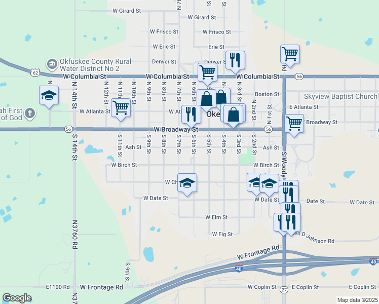 map of restaurants, bars, coffee shops, grocery stores, and more near 207 South 6th Street in Okemah