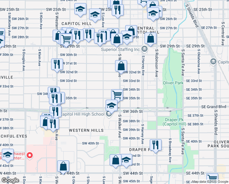 map of restaurants, bars, coffee shops, grocery stores, and more near 524 Southwest 34th Street in Oklahoma City