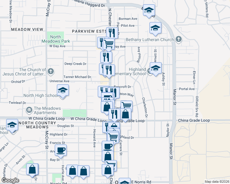 map of restaurants, bars, coffee shops, grocery stores, and more near 106 Brighton Way in Bakersfield