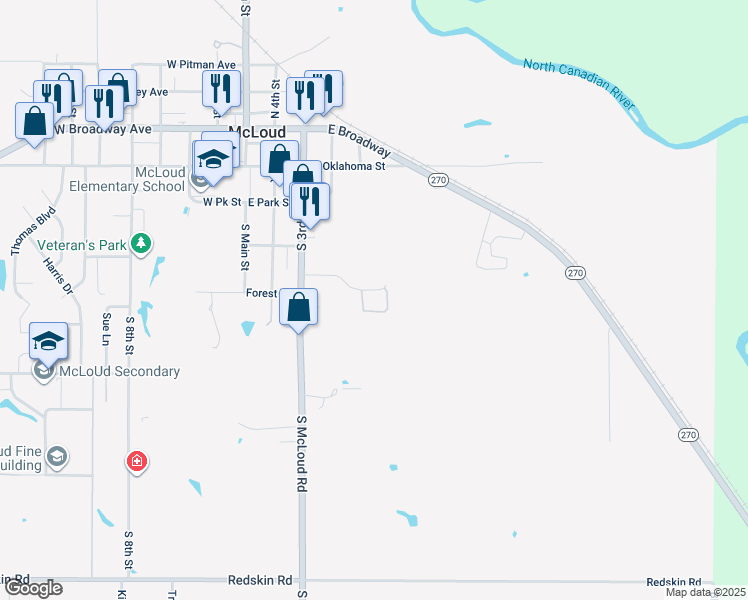map of restaurants, bars, coffee shops, grocery stores, and more near 420 Sycamore Landing Boulevard in McLoud