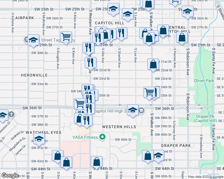 map of restaurants, bars, coffee shops, grocery stores, and more near 716 Southwest 34th Street in Oklahoma City
