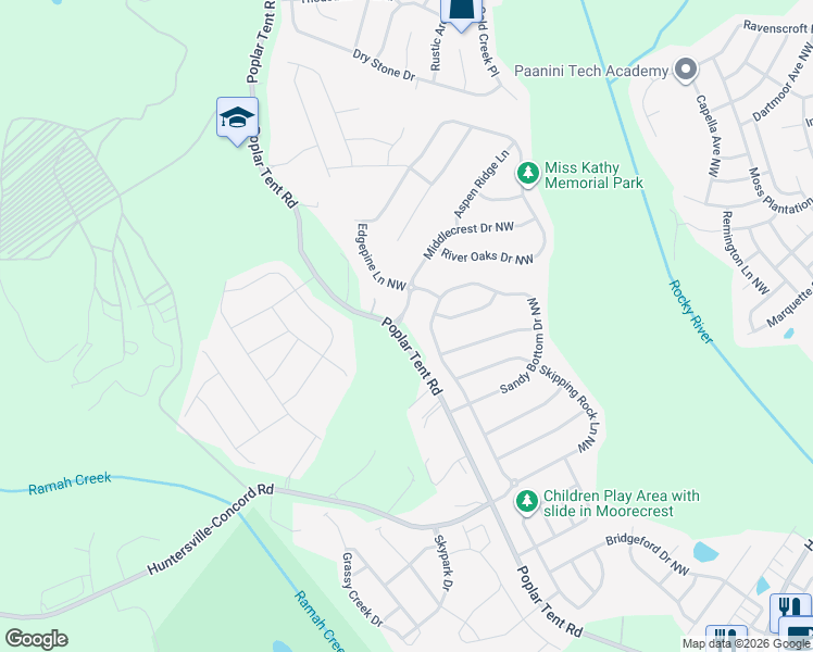 map of restaurants, bars, coffee shops, grocery stores, and more near 1208 Middlecrest Dr NW in Concord