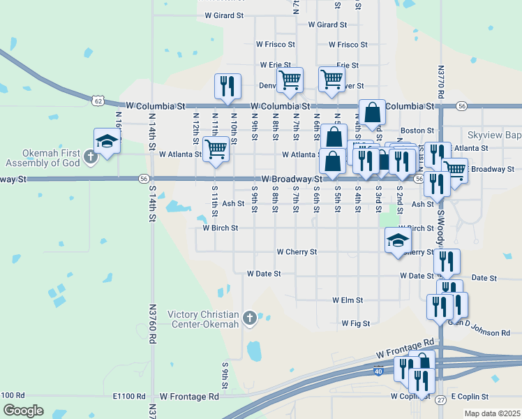 map of restaurants, bars, coffee shops, grocery stores, and more near 204 South 9th Street in Okemah
