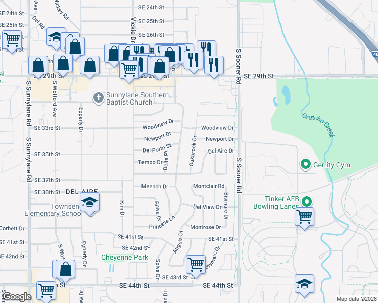 map of restaurants, bars, coffee shops, grocery stores, and more near 3301 Oakbrook Drive in Del City