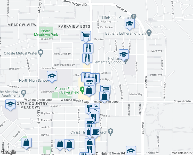map of restaurants, bars, coffee shops, grocery stores, and more near 106 Brighton Way in Bakersfield