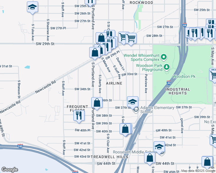 map of restaurants, bars, coffee shops, grocery stores, and more near 3500 South Saint Clair Avenue in Oklahoma City