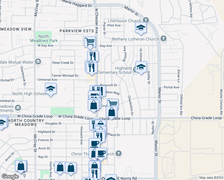 map of restaurants, bars, coffee shops, grocery stores, and more near 122 Brighton Way in Bakersfield