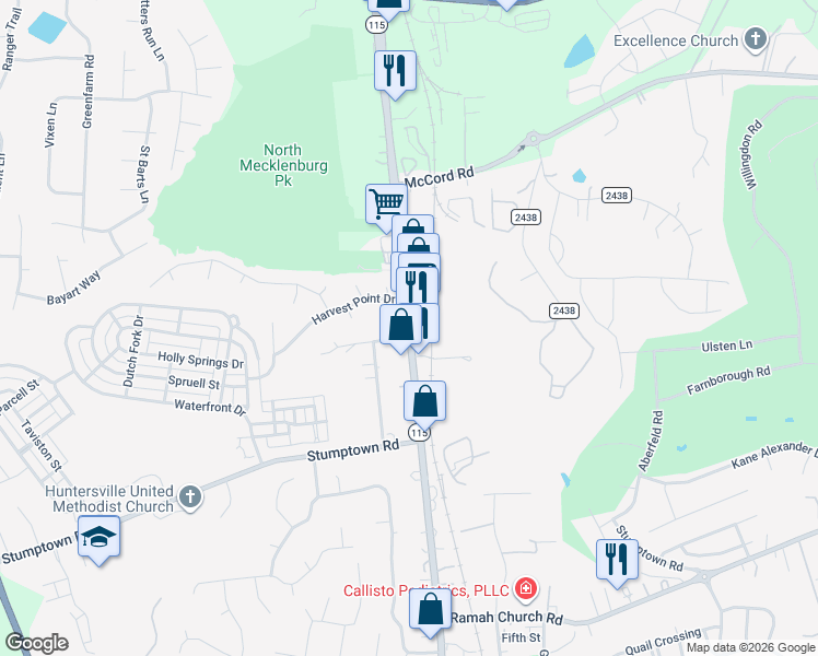 map of restaurants, bars, coffee shops, grocery stores, and more near 12031 Old Statesville Road in Huntersville
