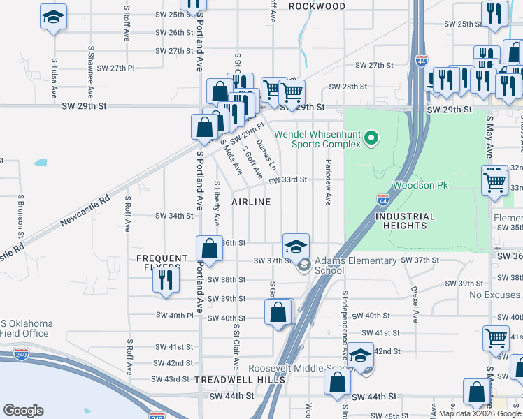 map of restaurants, bars, coffee shops, grocery stores, and more near 3501 South Goff Avenue in Oklahoma City