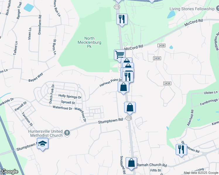 map of restaurants, bars, coffee shops, grocery stores, and more near 16005 Bushnell Court in Huntersville