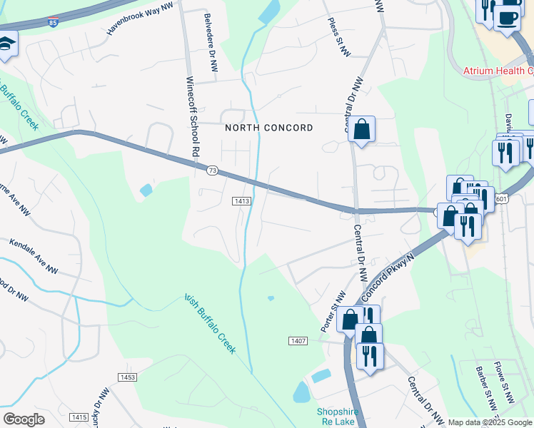 map of restaurants, bars, coffee shops, grocery stores, and more near 1062 Gaither Place Northwest in Concord