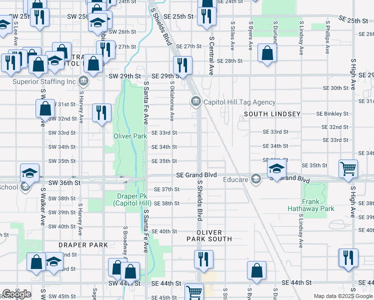 map of restaurants, bars, coffee shops, grocery stores, and more near 126 Southeast 34th Street in Oklahoma City