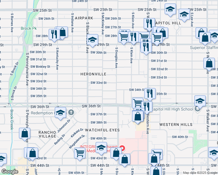 map of restaurants, bars, coffee shops, grocery stores, and more near 1121 Southwest 34th Street in Oklahoma City