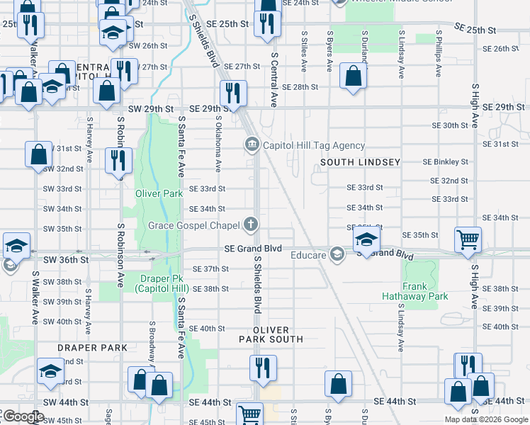 map of restaurants, bars, coffee shops, grocery stores, and more near 3504 South Shields Boulevard in Oklahoma City