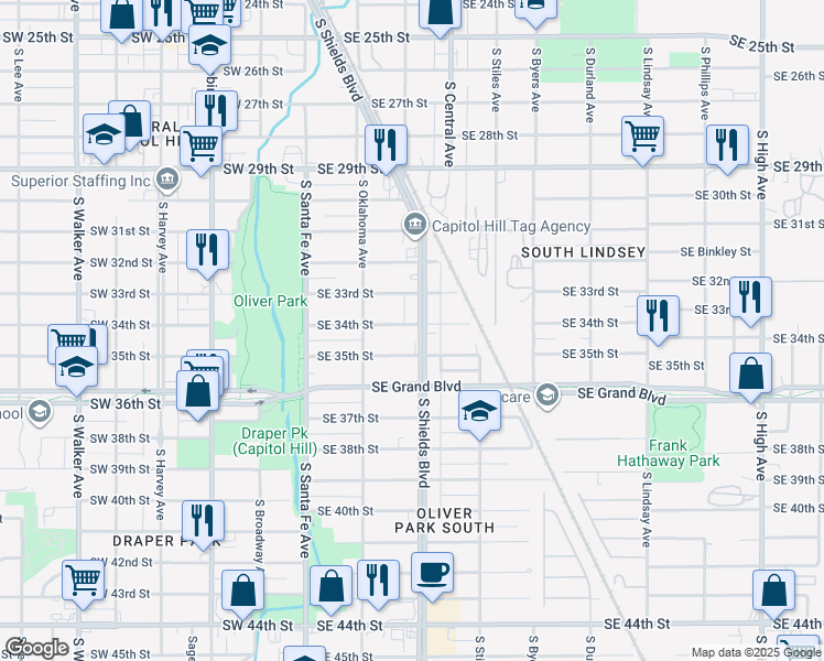 map of restaurants, bars, coffee shops, grocery stores, and more near 126 Southeast 34th Street in Oklahoma City
