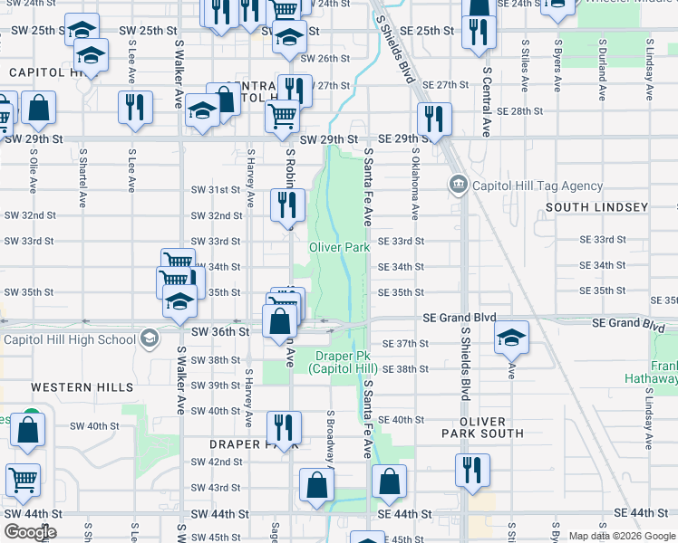 map of restaurants, bars, coffee shops, grocery stores, and more near 3505 South Broadway Avenue in Oklahoma City