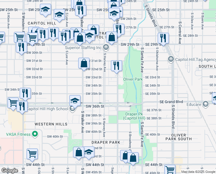 map of restaurants, bars, coffee shops, grocery stores, and more near 3500 South Harvey Avenue in Oklahoma City