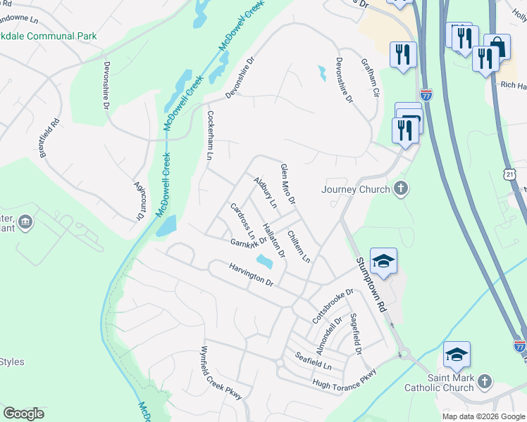 map of restaurants, bars, coffee shops, grocery stores, and more near 16313 Hallaton Drive in Huntersville