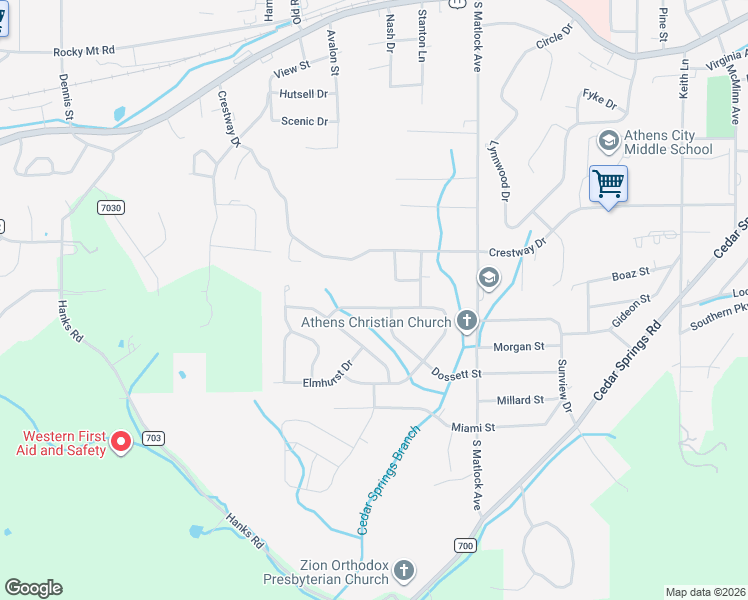 map of restaurants, bars, coffee shops, grocery stores, and more near 1508 Ridgeway Circle in Athens