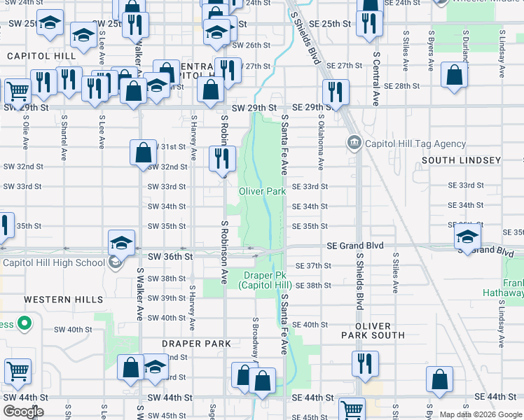 map of restaurants, bars, coffee shops, grocery stores, and more near 3505 South Broadway Avenue in Oklahoma City