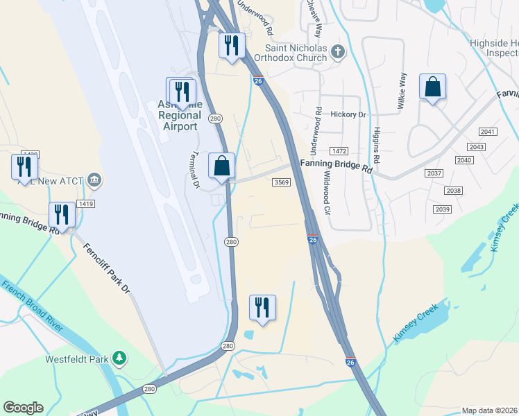 map of restaurants, bars, coffee shops, grocery stores, and more near 1301 Fanning Bridge Road in Fletcher
